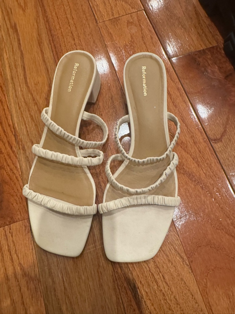 Reformation Cream Ruched-Strap Block Heel Mules